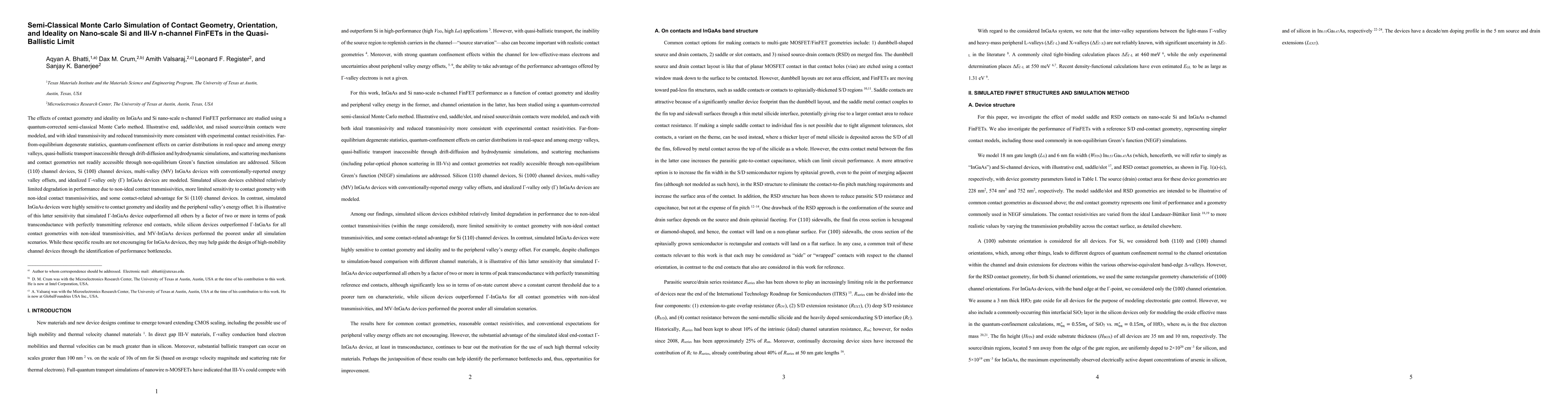 Thumbnail for Semi-Classical Monte Carlo Simulation of Contact Geometry, Orientation,
  and Ideality on Nano-scale Si and III-V n-channel FinFETs in the
  Quasi-Ballistic Limit