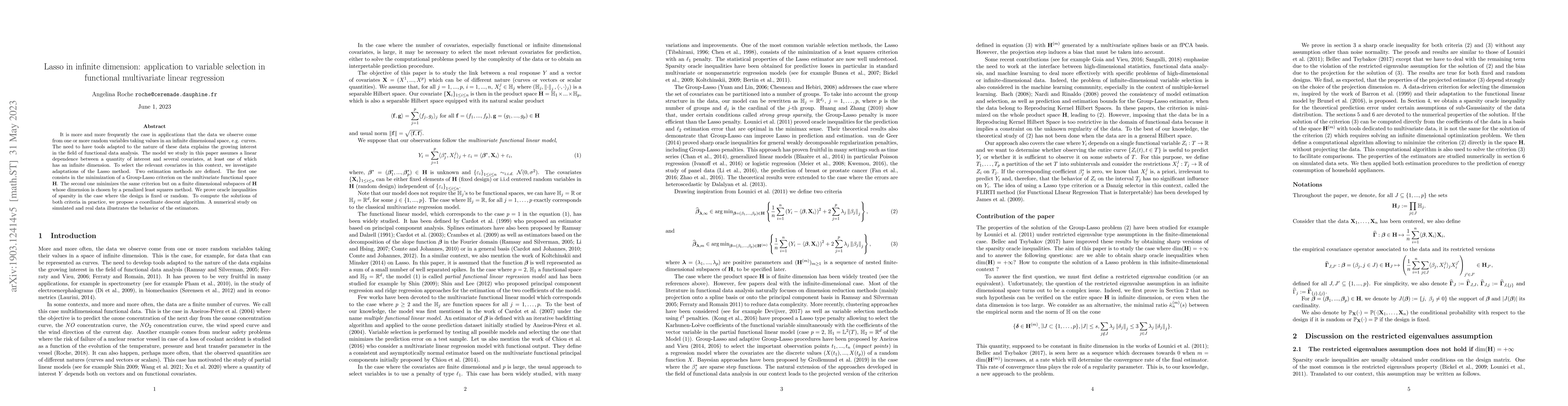 Thumbnail for Lasso in infinite dimension: application to variable selection in
  functional multivariate linear regression