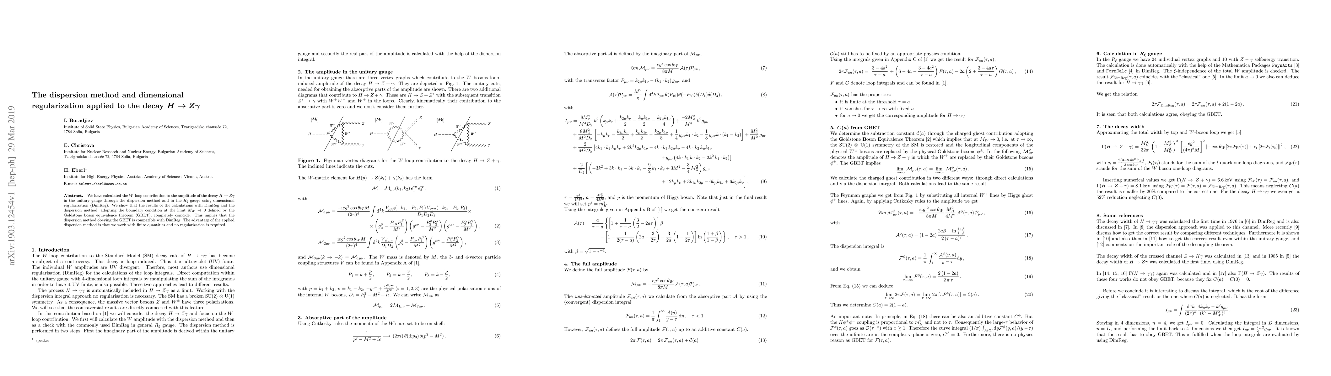 Thumbnail for The dispersion method and dimensional regularization applied to the
  decay $H \to Z \gamma$