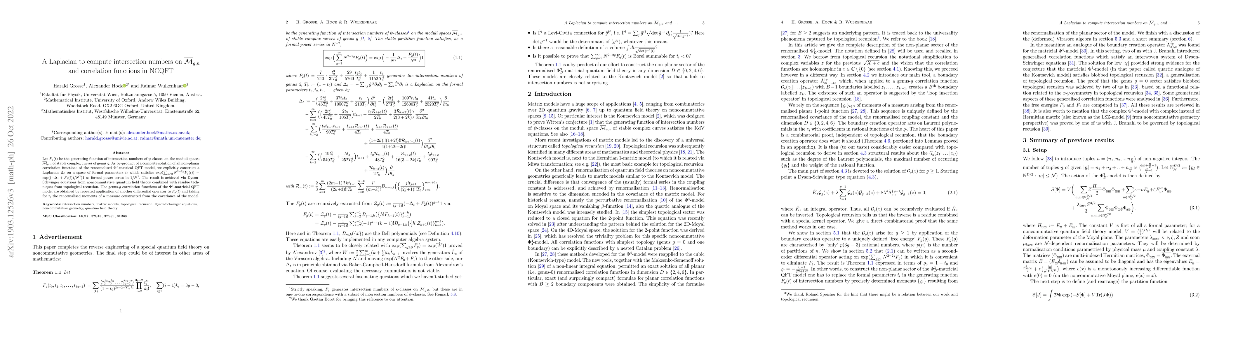Thumbnail for A Laplacian to compute intersection numbers on $\bar{\mathcal{M}}_{g,n}$
  and correlation functions in NCQFT