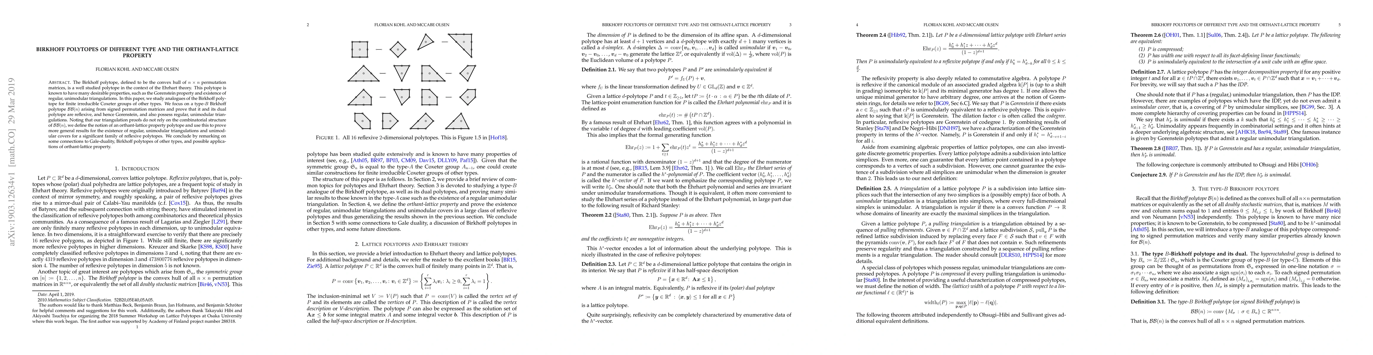 Thumbnail for Birkhoff polytopes of different type and the orthant-lattice property