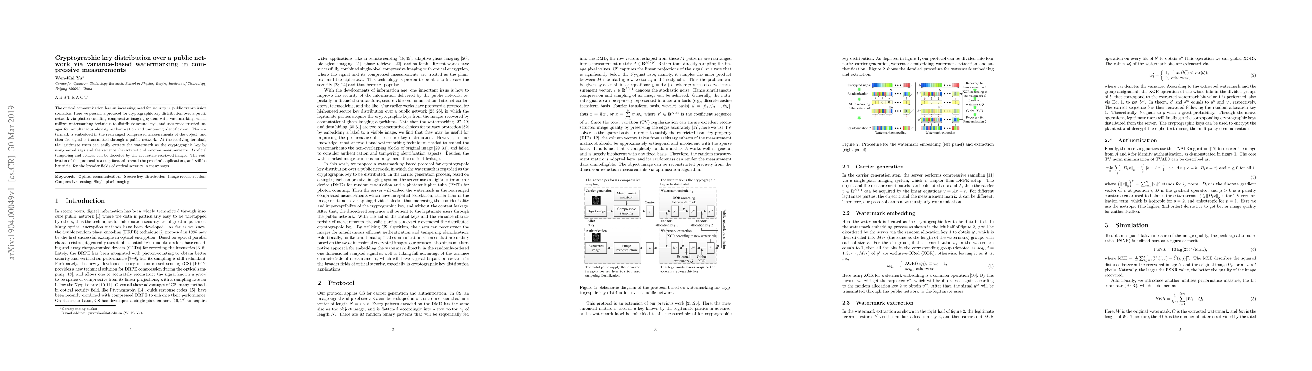 Thumbnail for Cryptographic key distribution over a public network via variance-based
  watermarking in compressive measurements