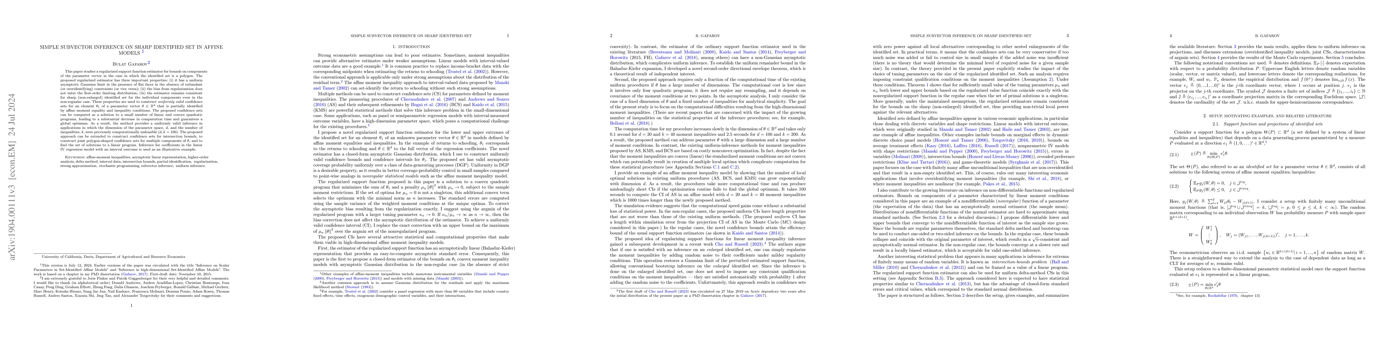Thumbnail for Simple subvector inference on sharp identified set in affine models