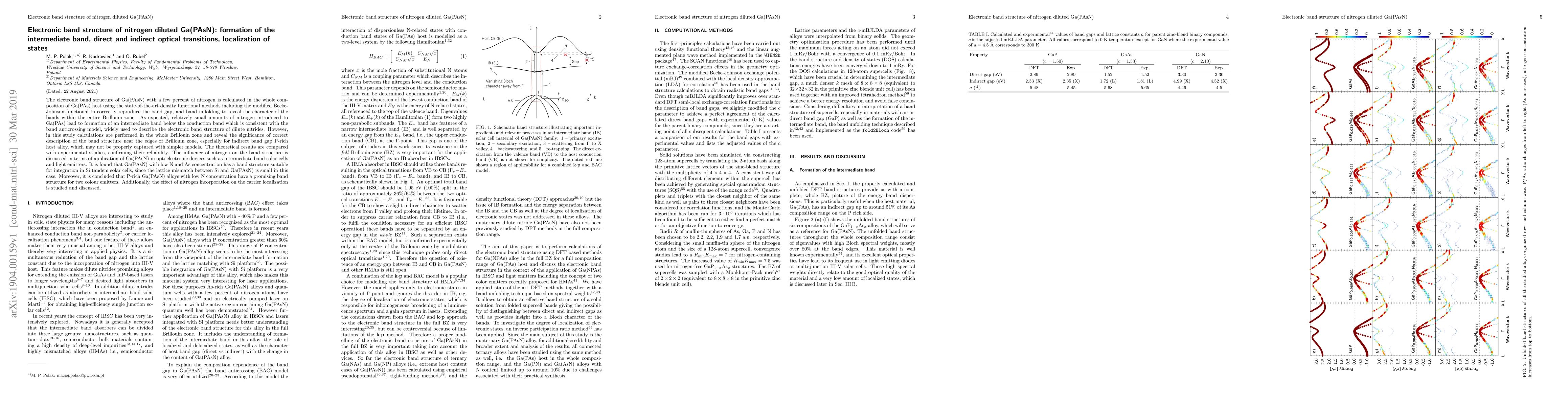 Thumbnail for Electronic band structure of nitrogen diluted Ga(PAsN): Formation of the
  intermediate band, direct and indirect optical transitions, localization of
  states
