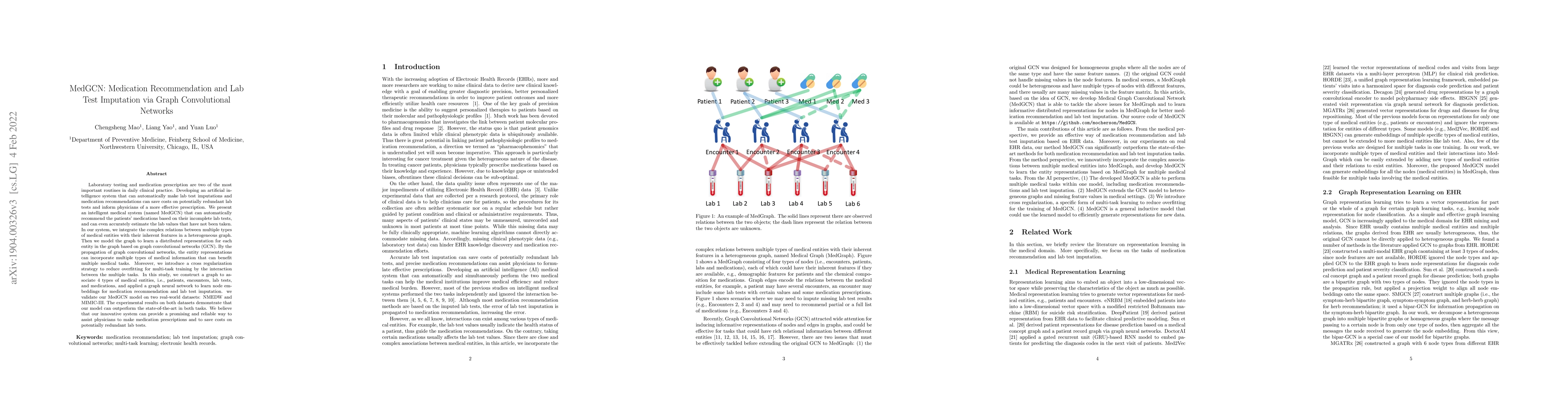 Thumbnail for MedGCN: Medication recommendation and lab test imputation via graph
  convolutional networks