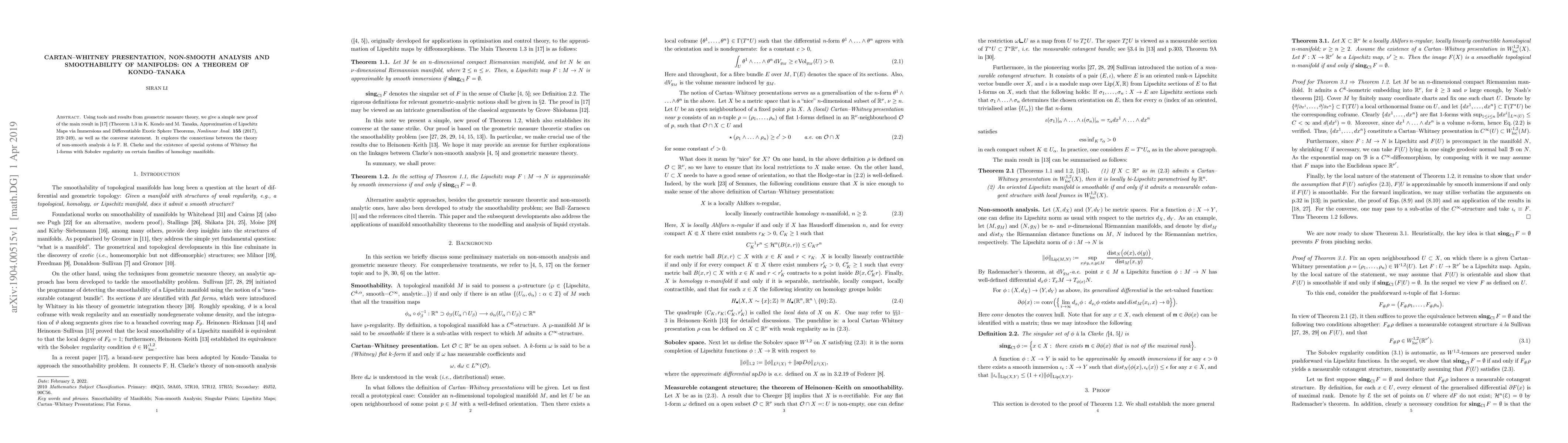 Thumbnail for Cartan--Whitney Presentation, Non-smooth Analysis and Smoothability of
  Manifolds: On a theorem of Kondo--Tanaka