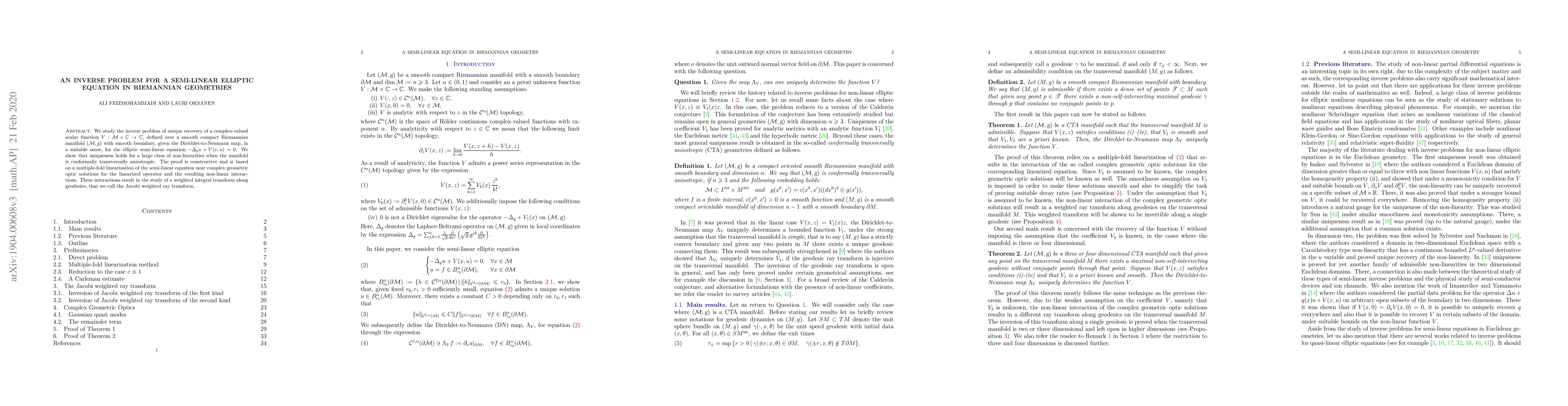 Thumbnail for An inverse problem for a semi-linear elliptic equation in Riemannian
  geometries