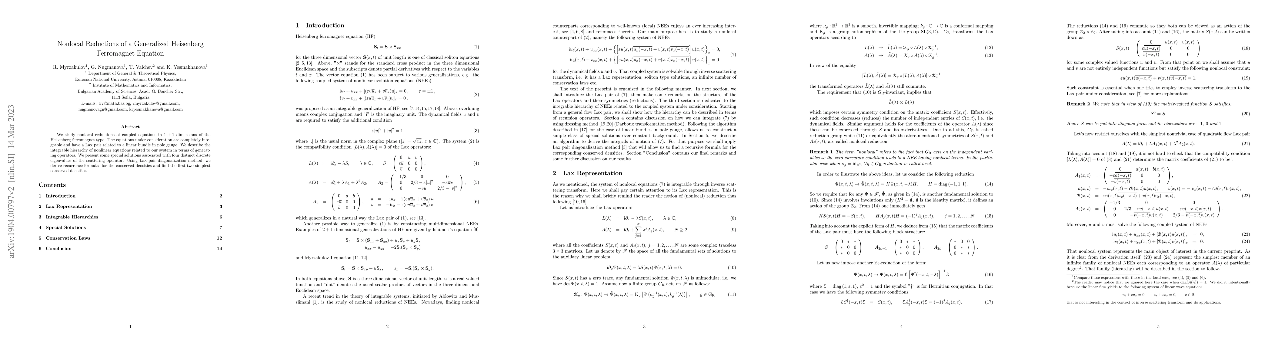 Thumbnail for Nonlocal Reductions of a Generalized Heisenberg Ferromagnet Equation