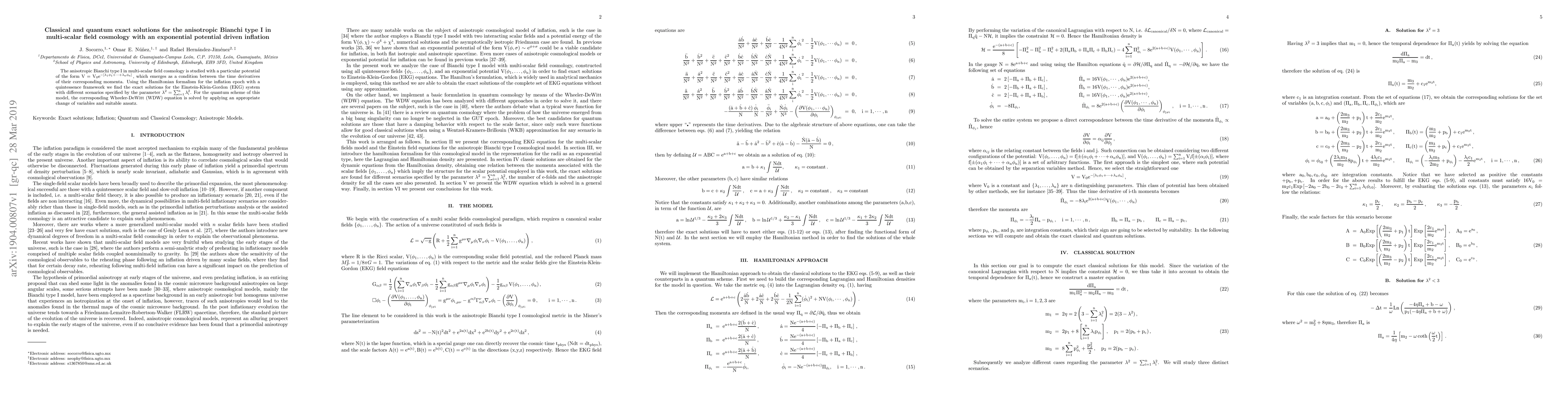 Thumbnail for Classical and quantum exact solutions for the anisotropic Bianchi type I
  in multi-scalar field cosmology with an exponential potential driven
  inflation