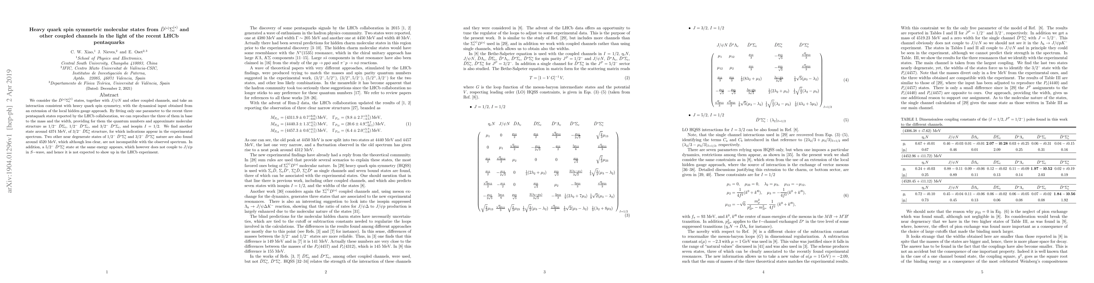 Thumbnail for Heavy quark spin symmetric molecular states from ${\bar
  D}^{(*)}\Sigma_c^{(*)}$ and other coupled channels in the light of the recent
  LHCb pentaquarks