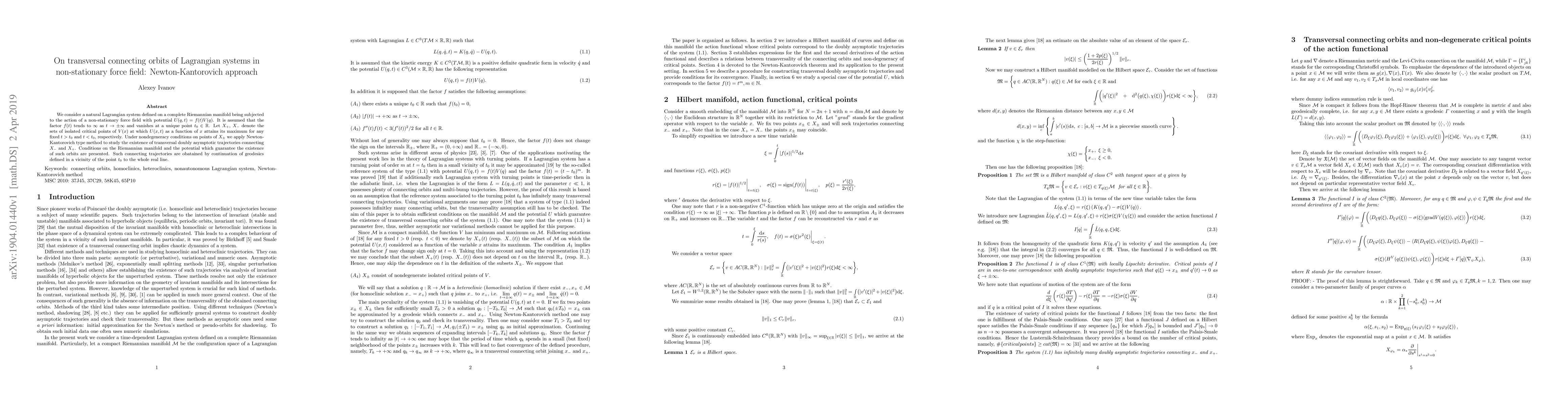 Thumbnail for On transversal connecting orbits of Lagrangian systems in non-stationary
  force field: Newton-Kantorovich approach