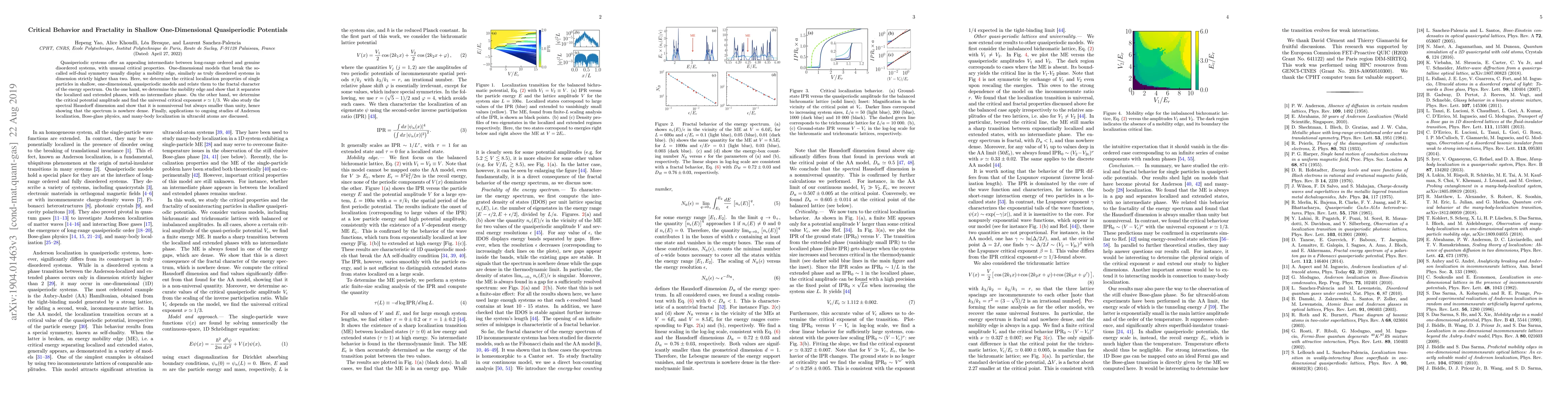 Thumbnail for Critical Behavior and Fractality in Shallow One-Dimensional
  Quasiperiodic Potentials