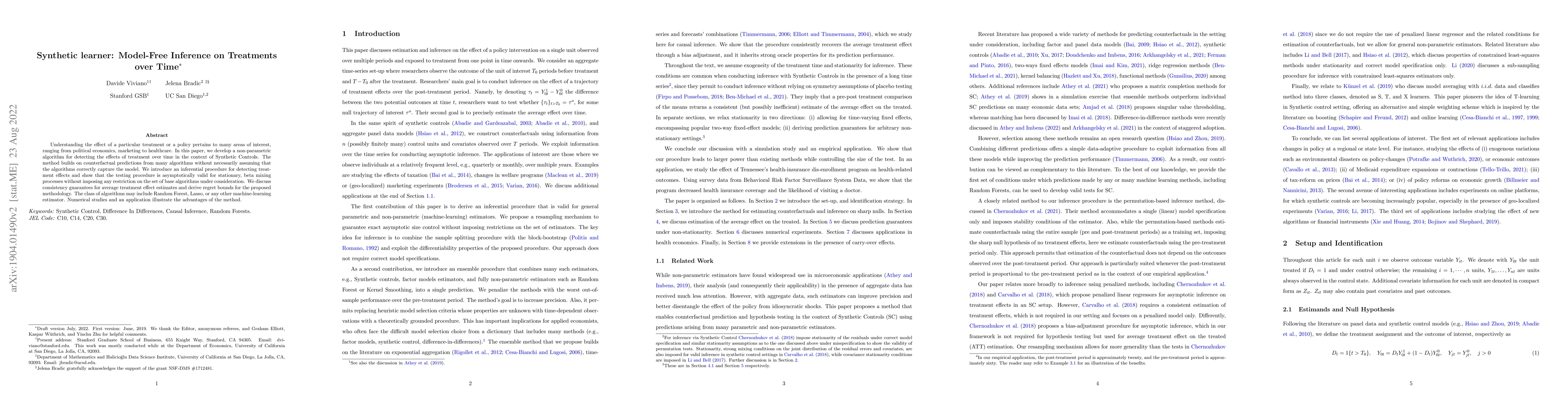 Thumbnail for Synthetic learner: model-free inference on treatments over time