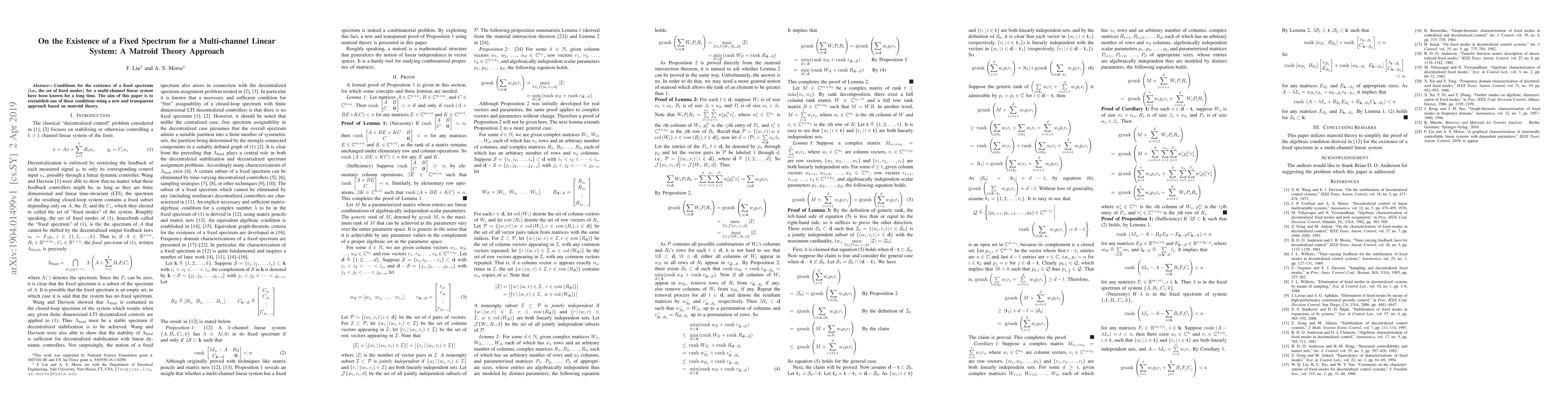 Thumbnail for On the Existence of a Fixed Spectrum for a Multi-channel Linear System:
  A Matroid Theory Approach