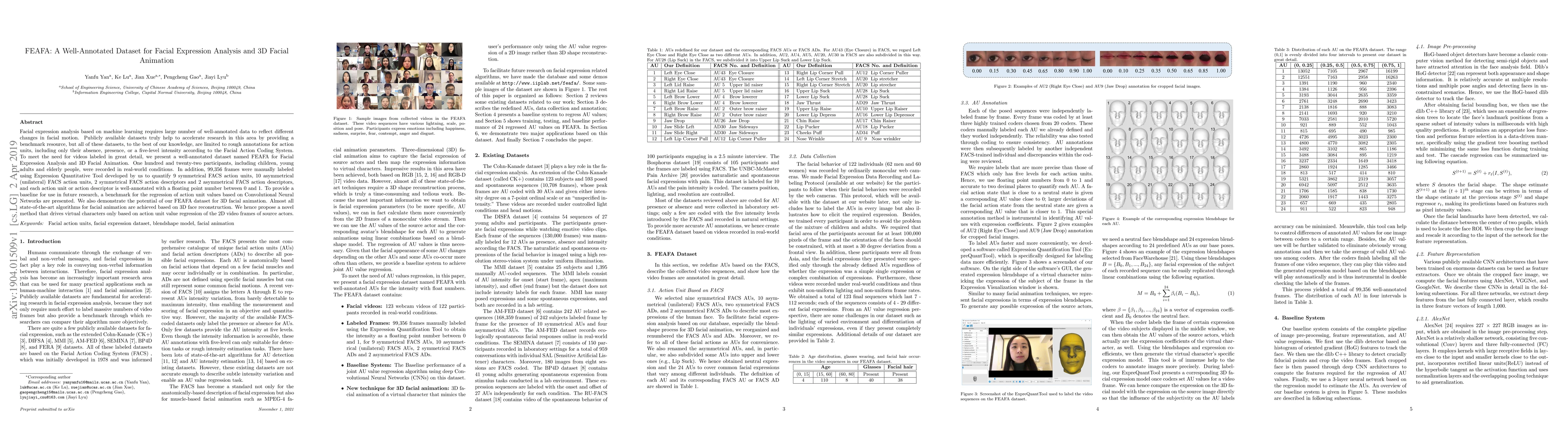 Thumbnail for FEAFA: A Well-Annotated Dataset for Facial Expression Analysis and 3D
  Facial Animation