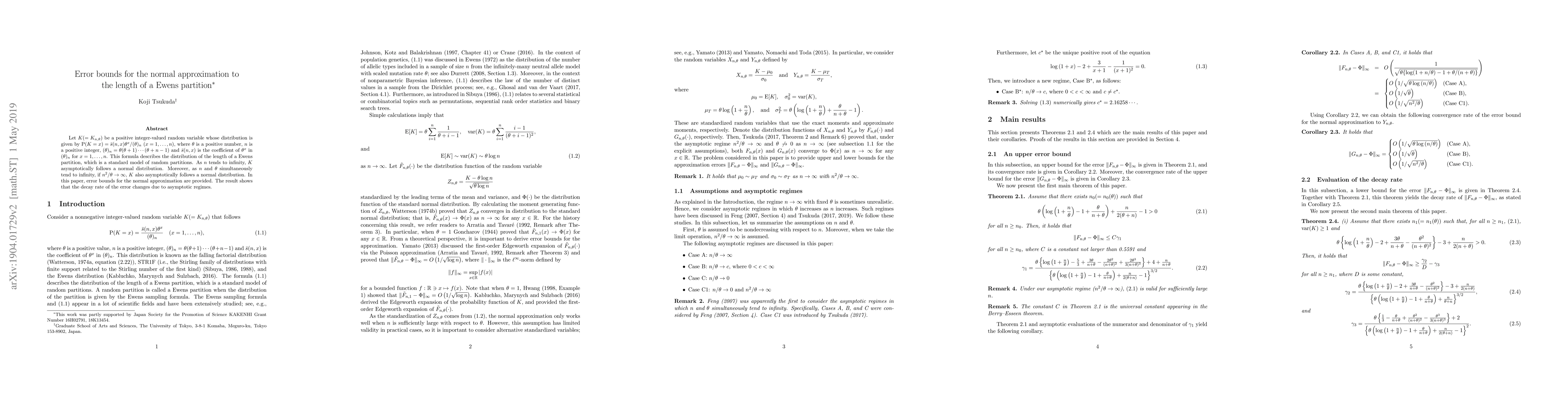 Thumbnail for Error bounds for the normal approximation to the length of a Ewens
  partition