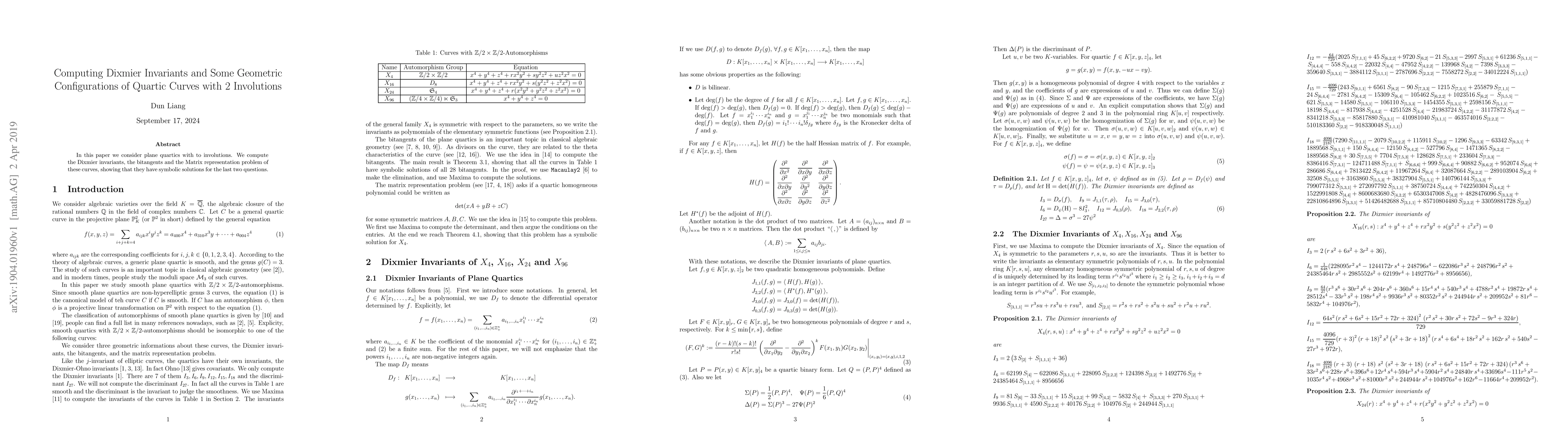 Thumbnail for Computing Dixmier Invariants and Some Geometric Configurations of
  Quartic Curves with 2 Involutions