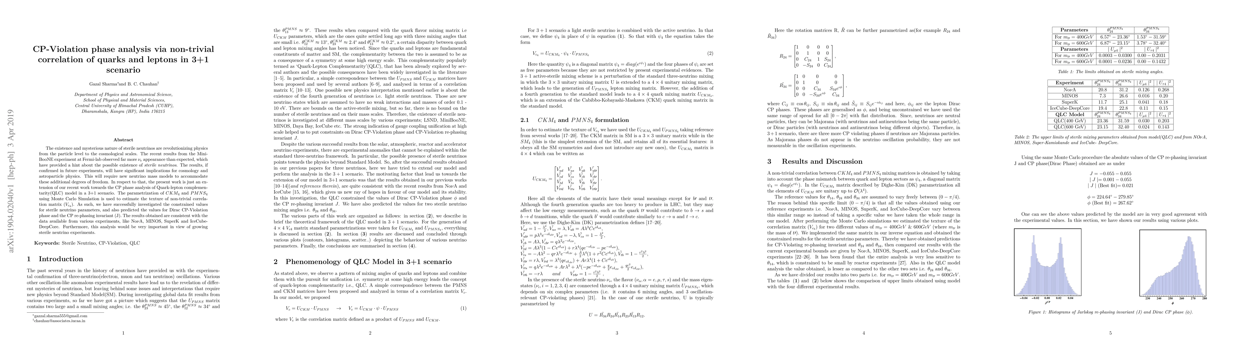 Thumbnail for CP-Violation phase analysis via non-trivial correlation of quarks and
  leptons in 3+1 scenario
