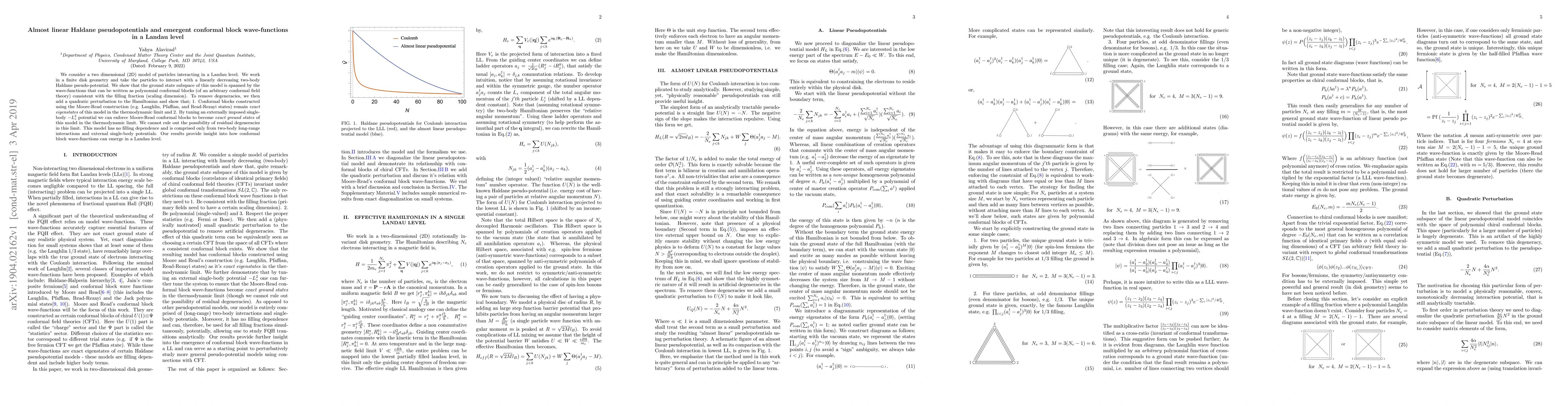 Thumbnail for Almost linear Haldane pseudopotentials and emergent conformal block
  wave-functions in a Landau level