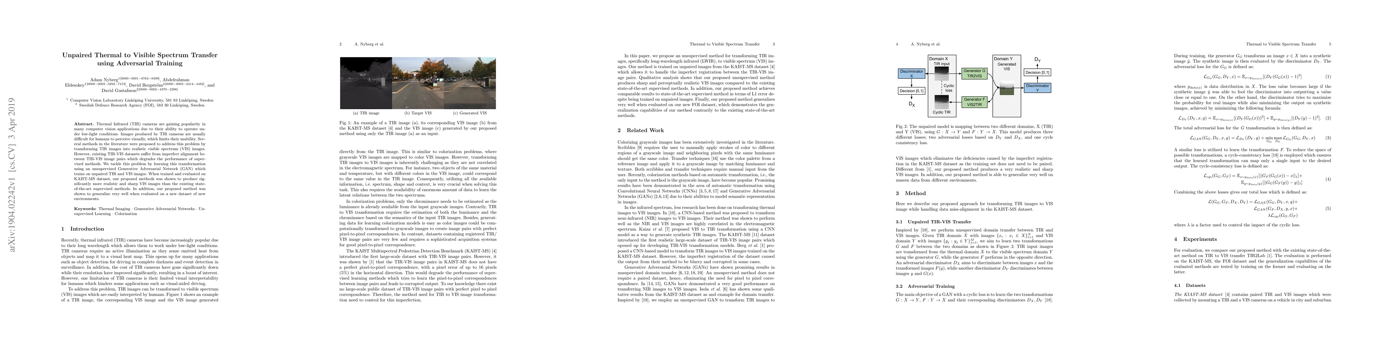 Thumbnail for Unpaired Thermal to Visible Spectrum Transfer using Adversarial Training
