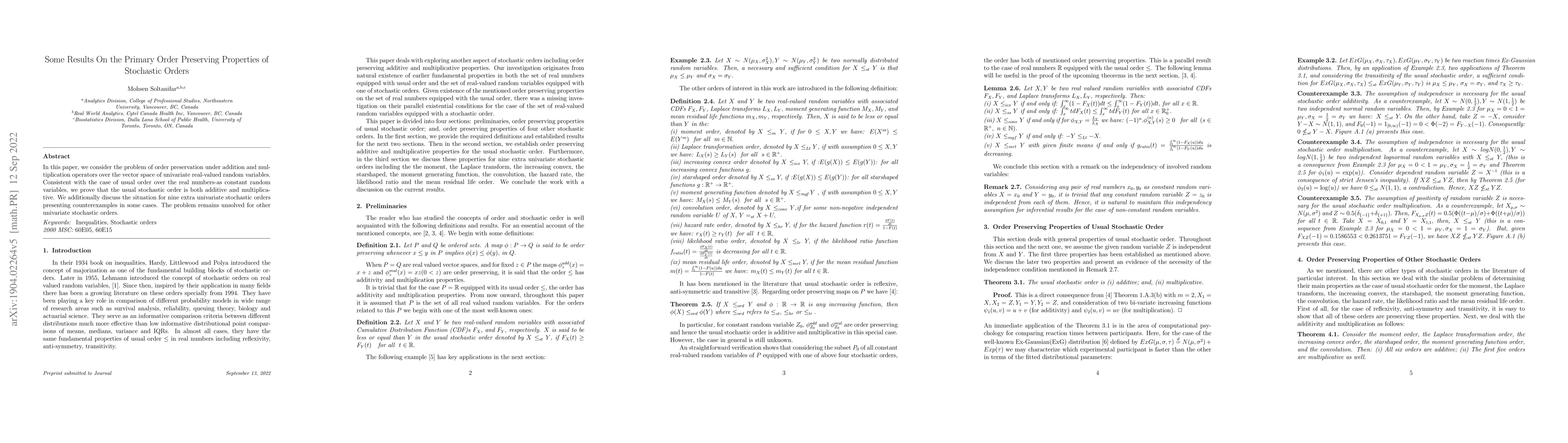 Thumbnail for Some Results on the Additivity and Multiplication Order Preserving
  Properties of Stochastic Orders