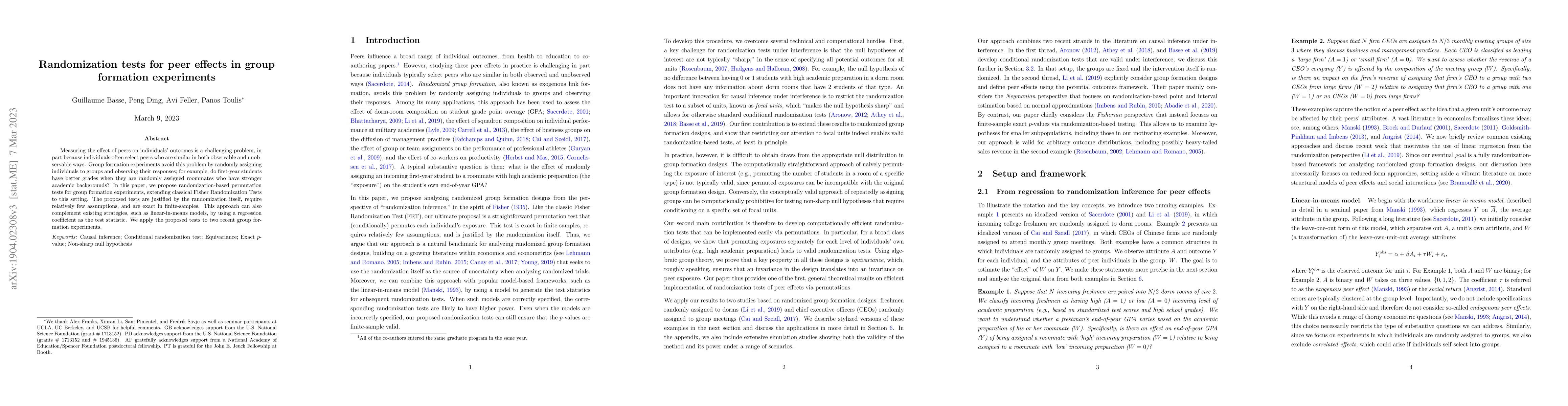Thumbnail for Randomization tests for peer effects in group formation experiments