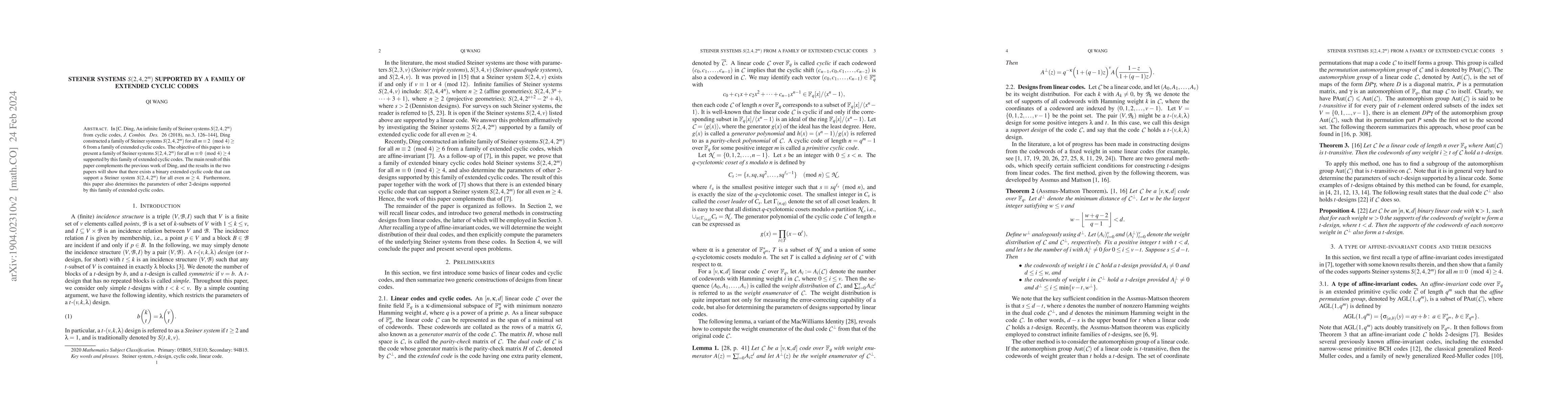 Thumbnail for Steiner systems $S(2,4,2^m)$ supported by a family of extended cyclic
  codes