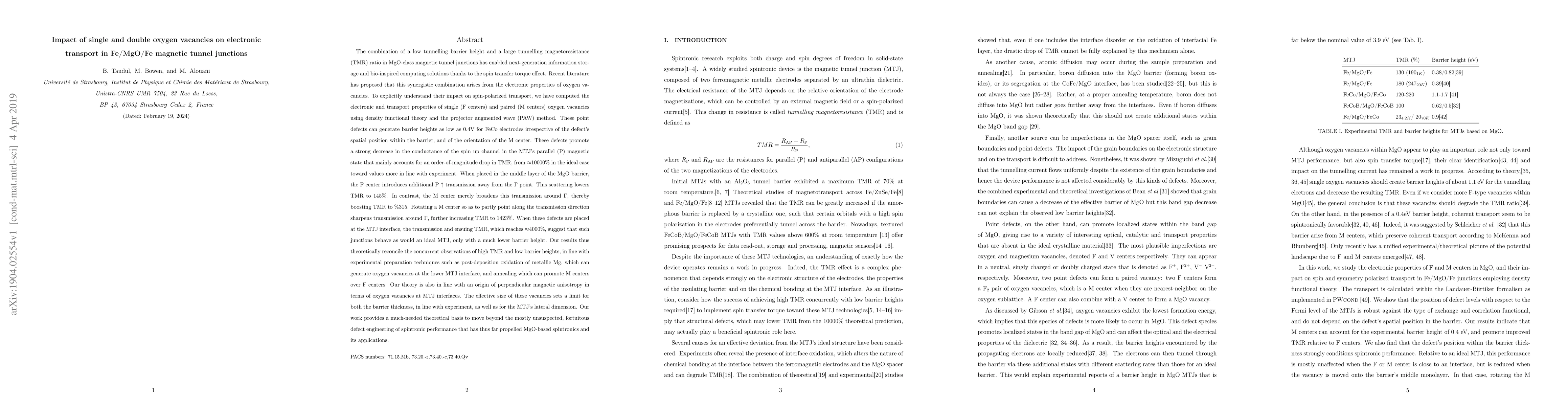 Thumbnail for Impact of single and double oxygen vacancies on electronic transport in
  Fe/MgO/Fe magnetic tunnel junctions