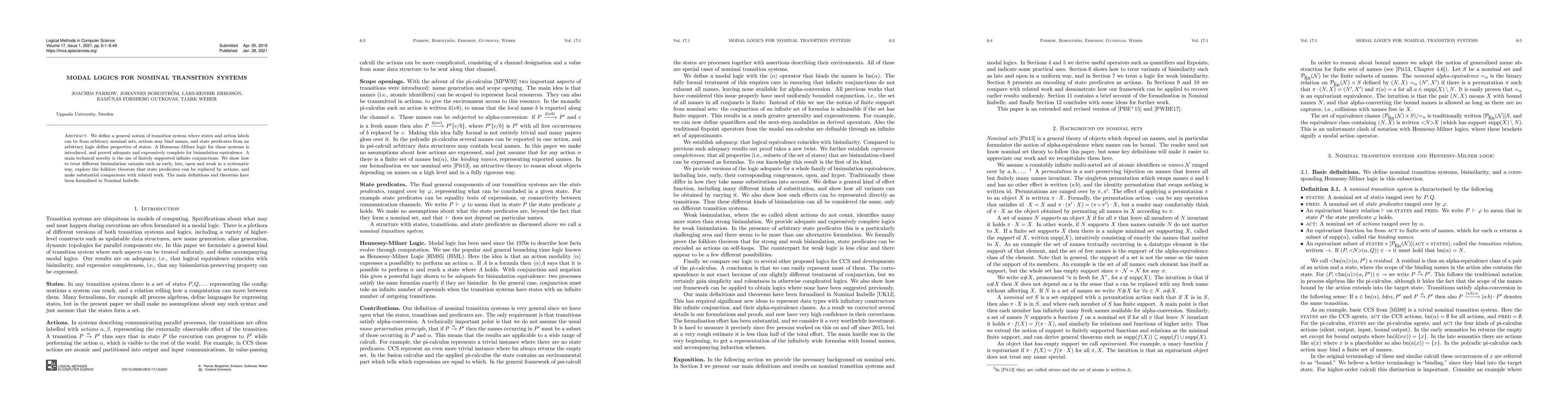 Thumbnail for Modal Logics for Nominal Transition Systems