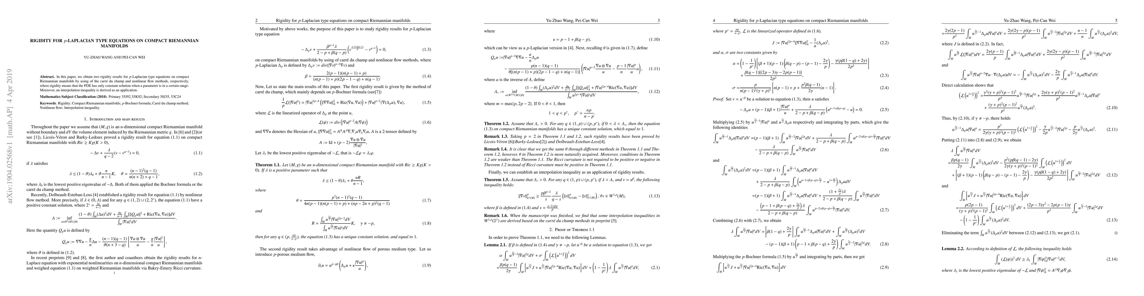 Thumbnail for Rigidity results for the $p$-Laplace type equations on compact
  Riemannian manifolds