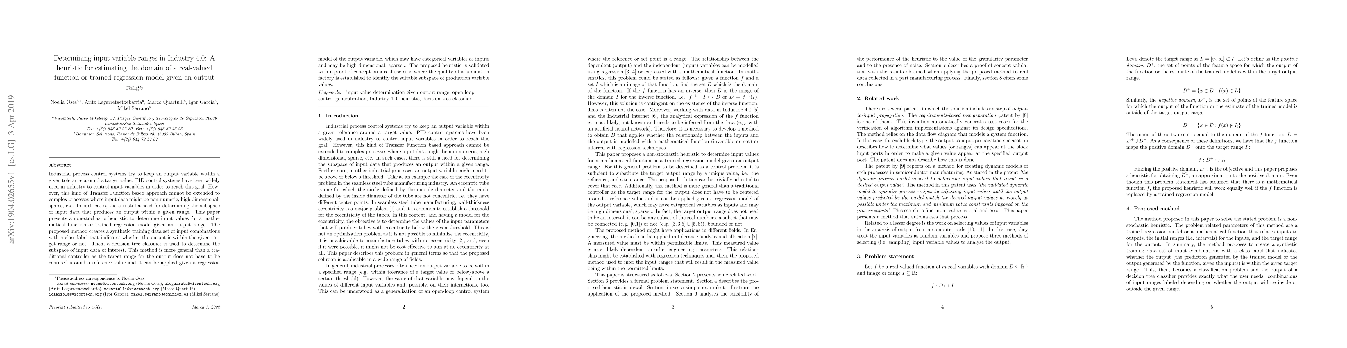 Thumbnail for Determining input variable ranges in Industry 4.0: A heuristic for
  estimating the domain of a real-valued function or trained regression model
  given an output range