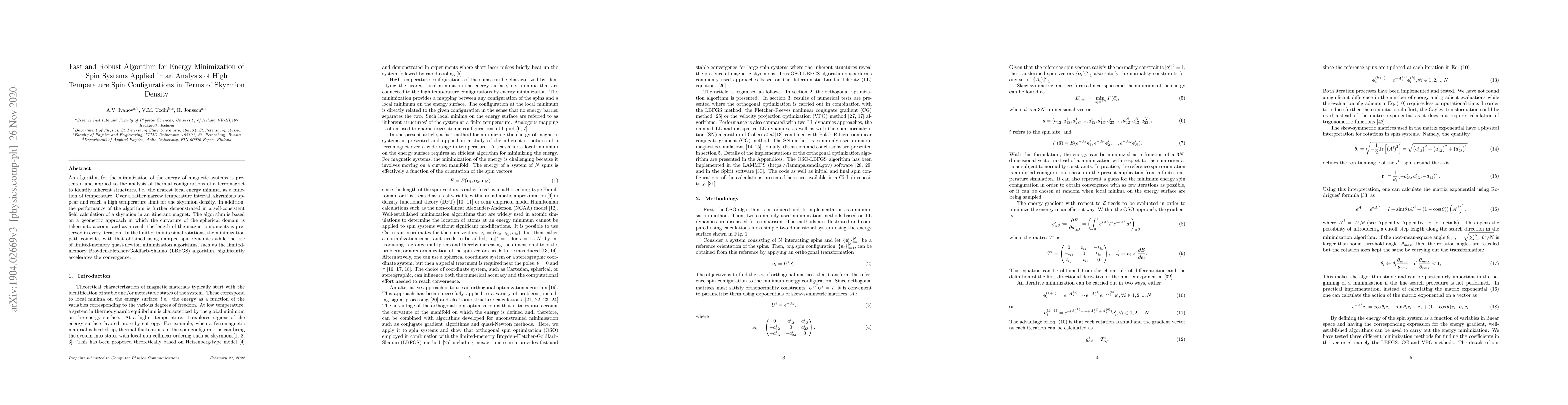 Thumbnail for Fast and Robust Algorithm for the Energy Minimization of Spin Systems
  Applied in an Analysis of High Temperature Spin Configurations in Terms of
  Skyrmion Density