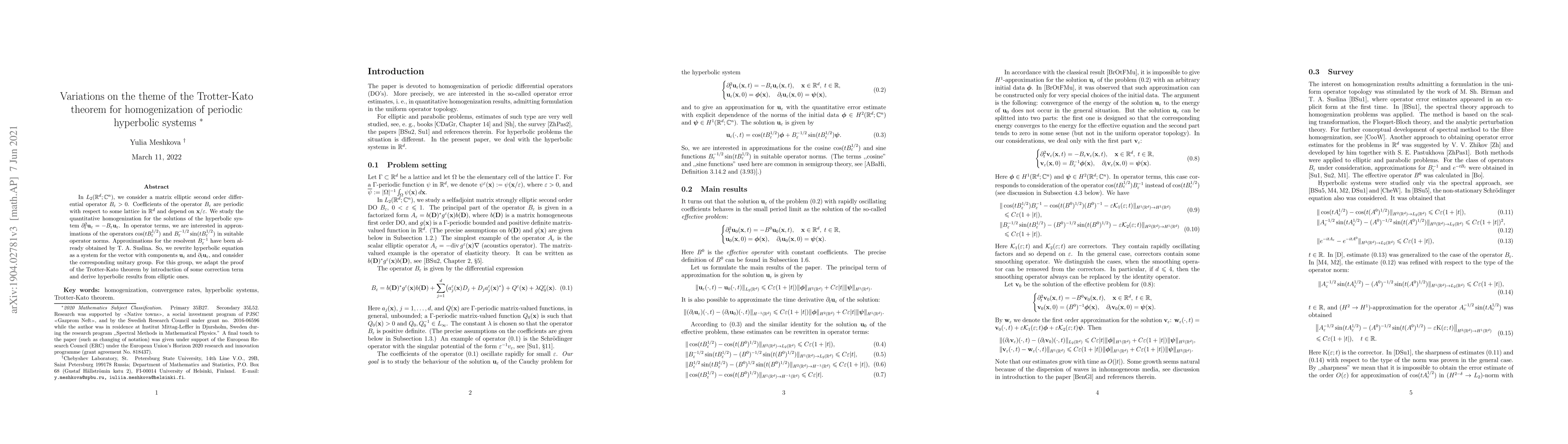 Thumbnail for Variations on the theme of the Trotter-Kato theorem for homogenization
  of periodic hyperbolic systems