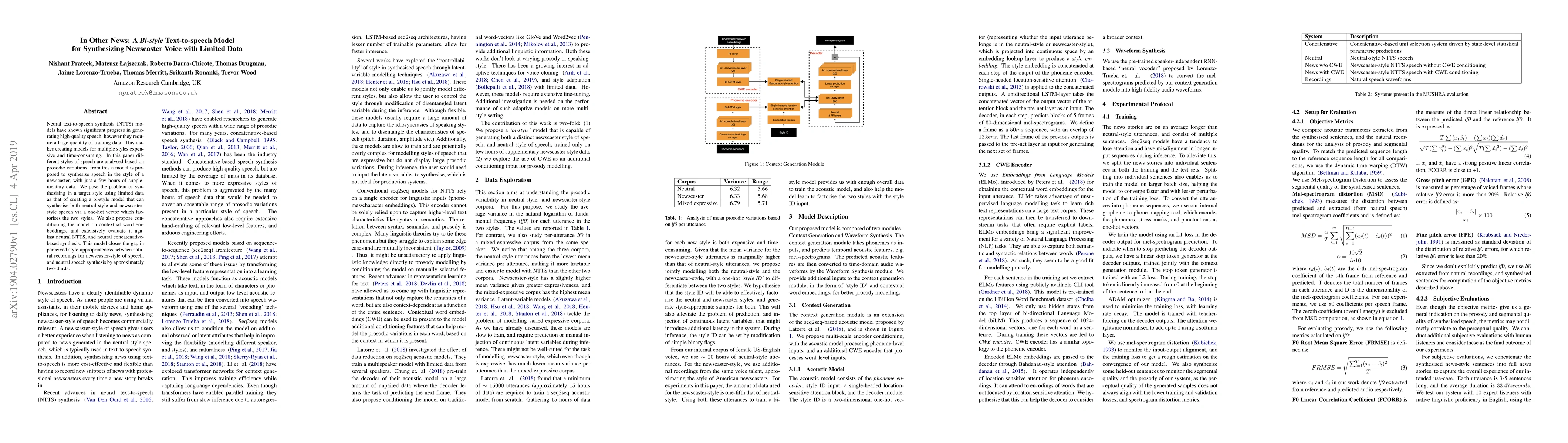 Thumbnail for In Other News: A Bi-style Text-to-speech Model for Synthesizing
  Newscaster Voice with Limited Data