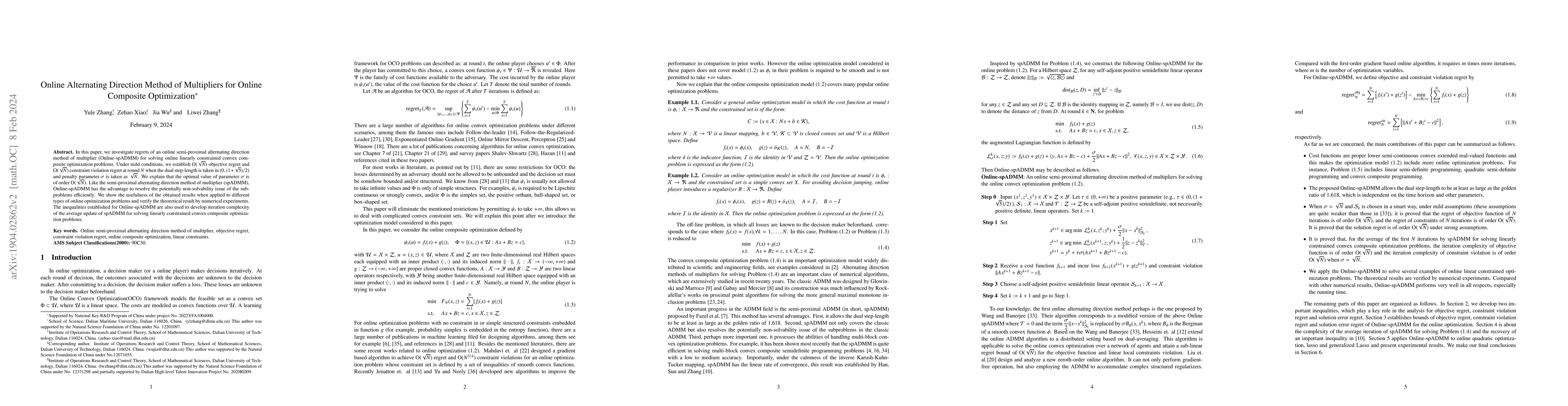 Thumbnail for Online Alternating Direction Method of Multipliers for Online Composite
  Optimization
