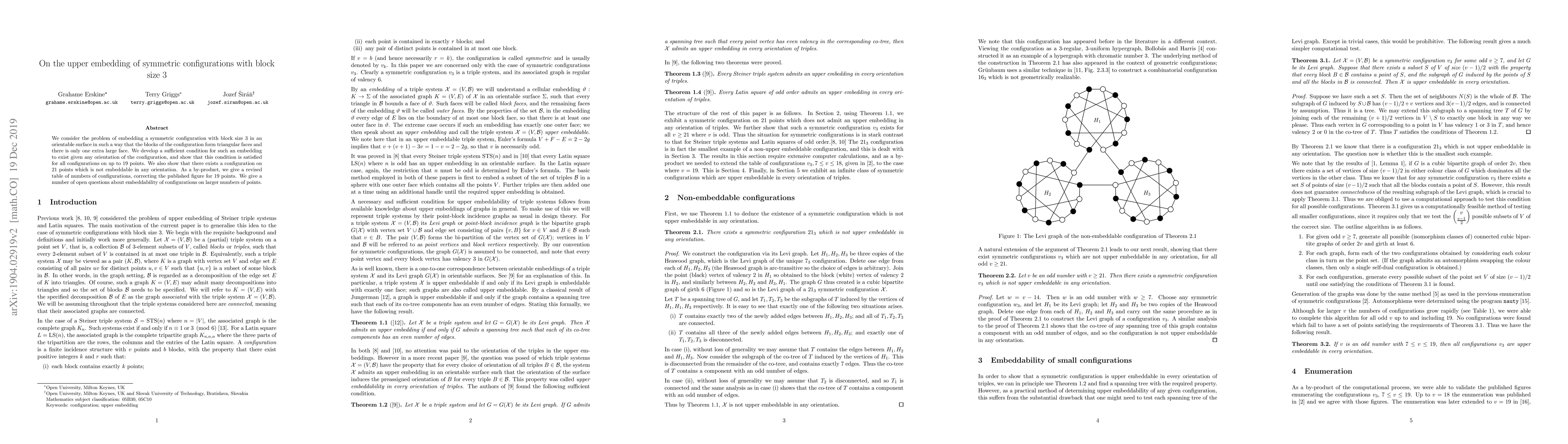 Thumbnail for On the upper embedding of symmetric configurations with block size 3