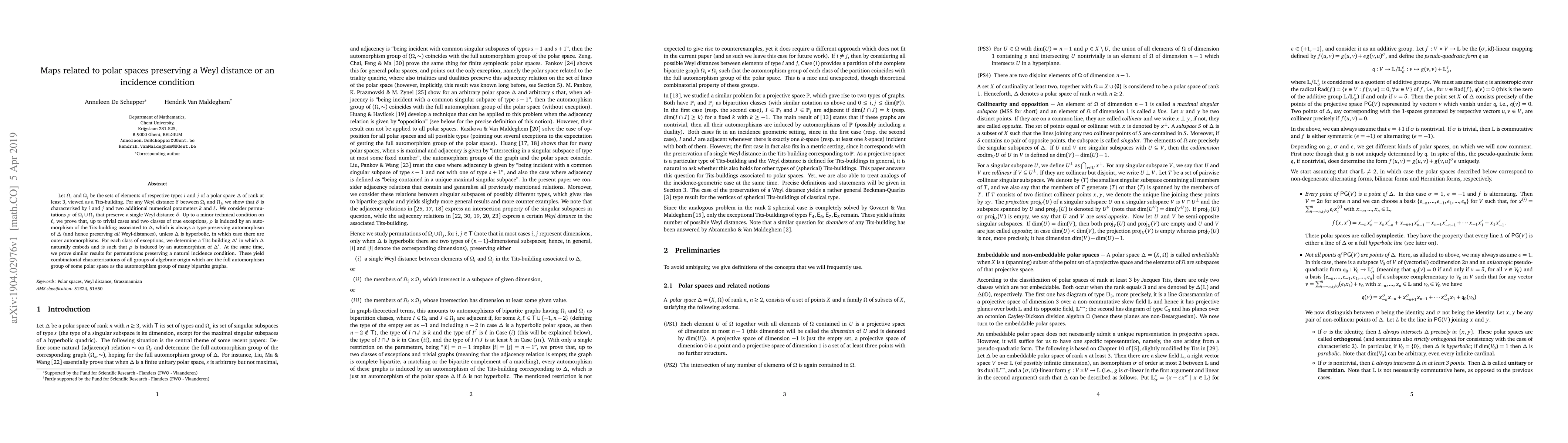 Thumbnail for Maps related to polar spaces preserving a Weyl distance or an incidence
  condition