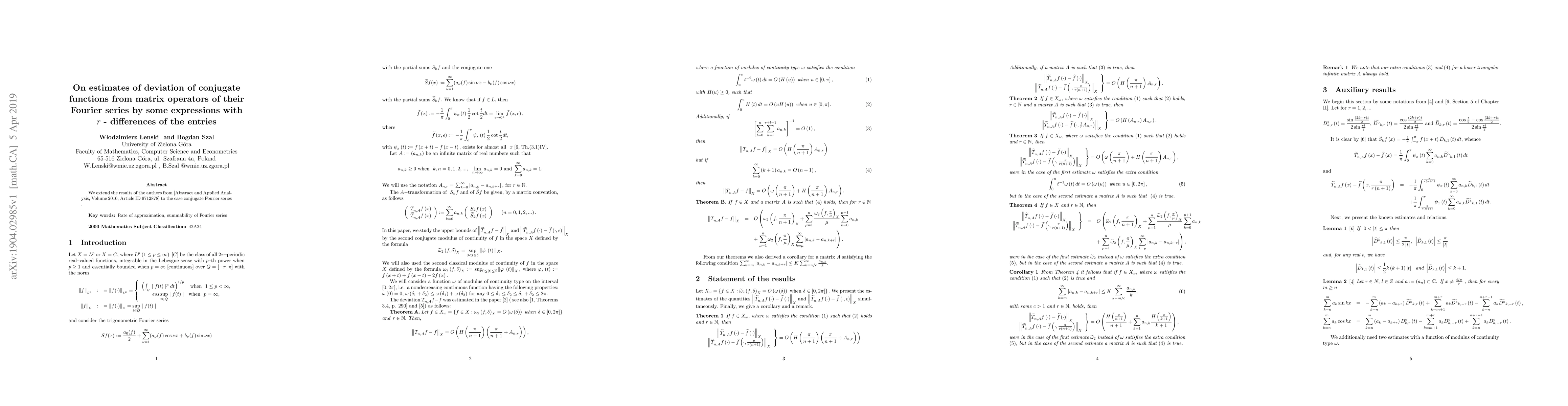 Thumbnail for On estimates of deviation of conjugate functions from matrix operators
  of their Fourier series by some expressions with $r$-differences of the
  entries