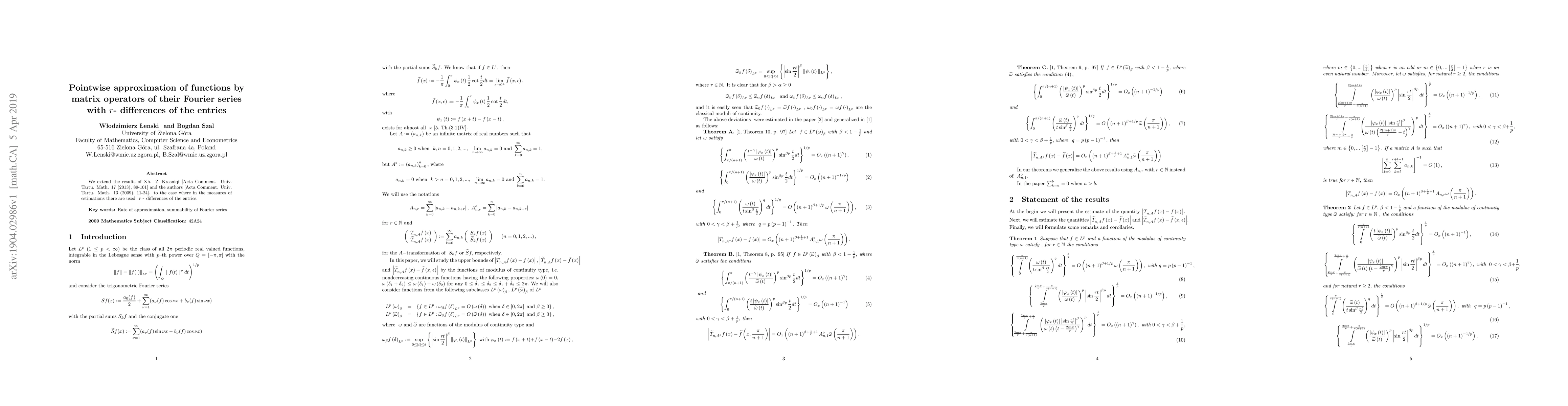 Thumbnail for Pointwise approximation of functions by matrix operators of their
  Fourier series with $r$- differences of the entries