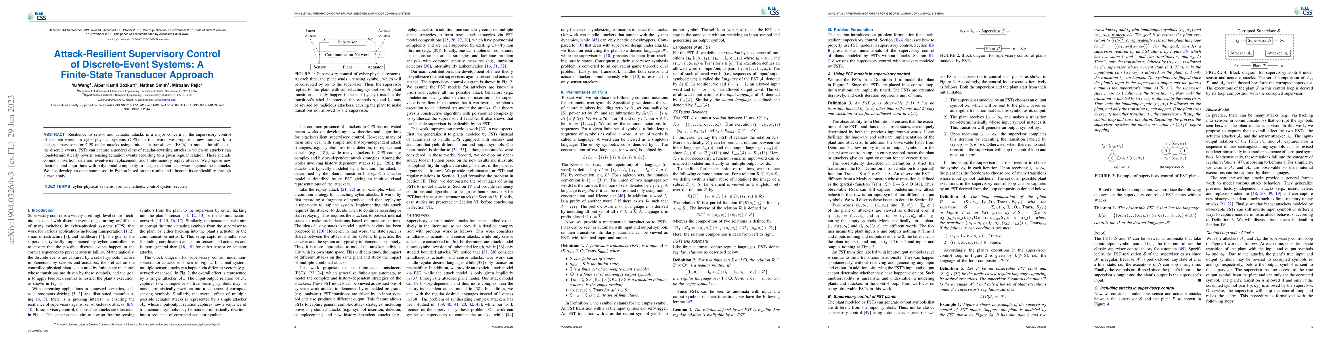 Thumbnail for Attack-Resilient Supervisory Control of Discrete-Event Systems: A
  Finite-State Transducer Approach