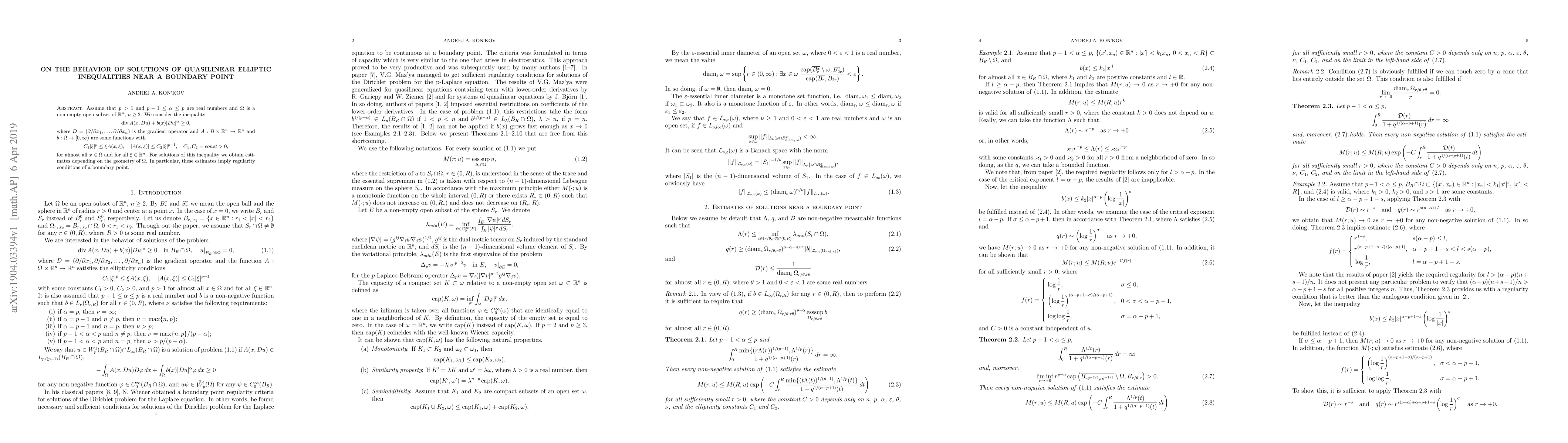 Thumbnail for On the behavior of solutions of quasilinear elliptic inequalities near a
  boundary point