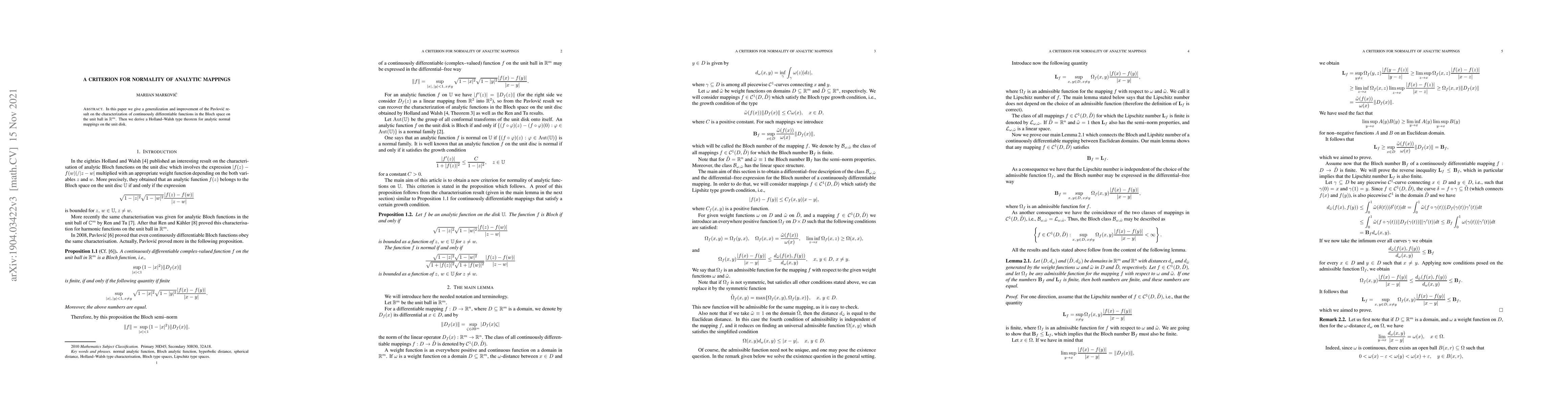 Thumbnail for A criterion for normality of analytic mappings