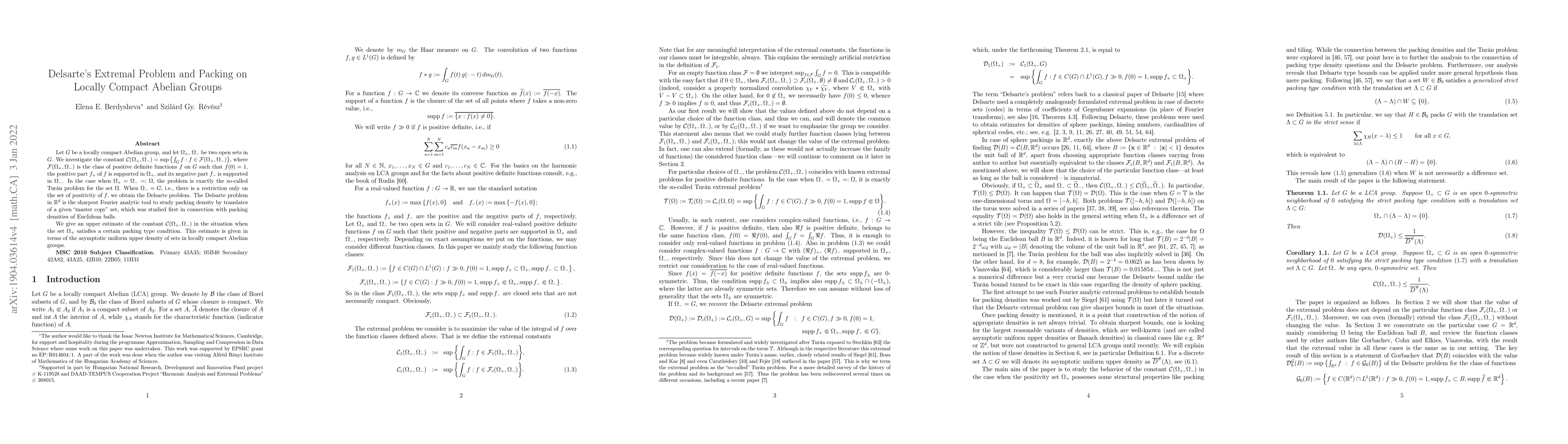 Thumbnail for Delsarte's Extremal Problem and Packing on Locally Compact Abelian
  Groups