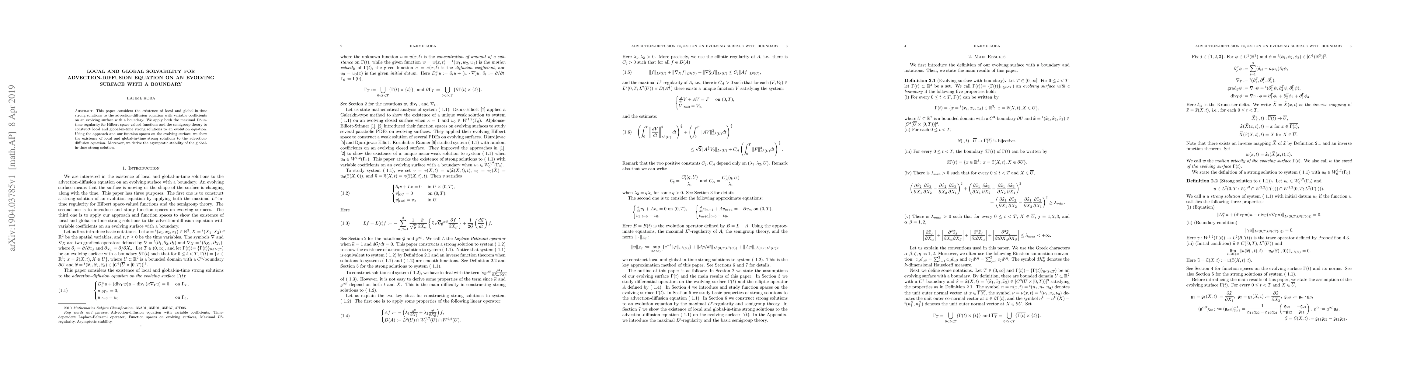 Thumbnail for Local and Global Solvability for Advection-Diffusion Equation on an
  Evolving Surface with a Boundary