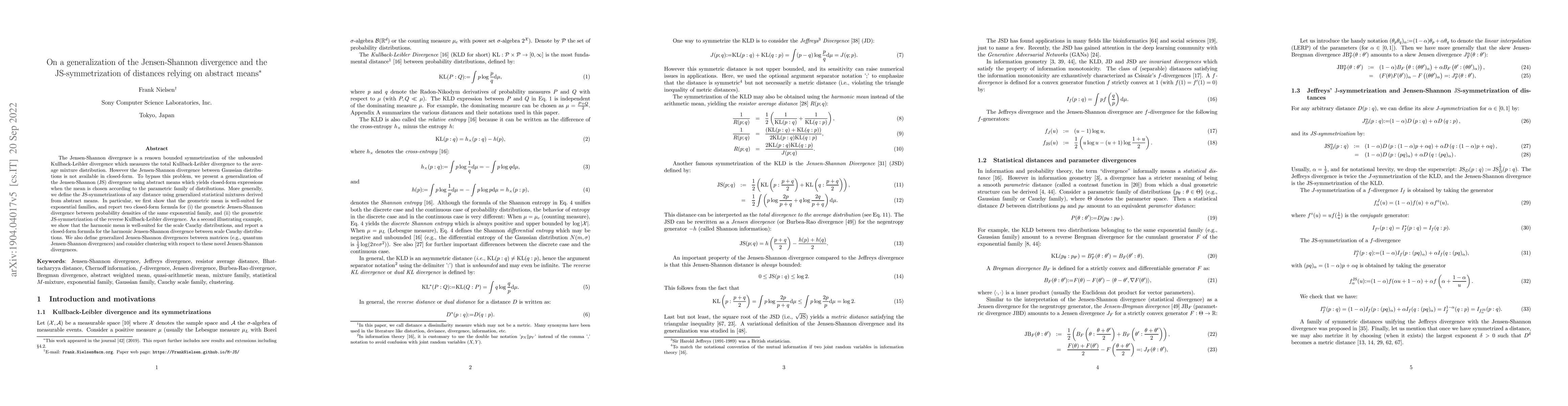 Thumbnail for On a generalization of the Jensen-Shannon divergence and the
  JS-symmetrization of distances relying on abstract means