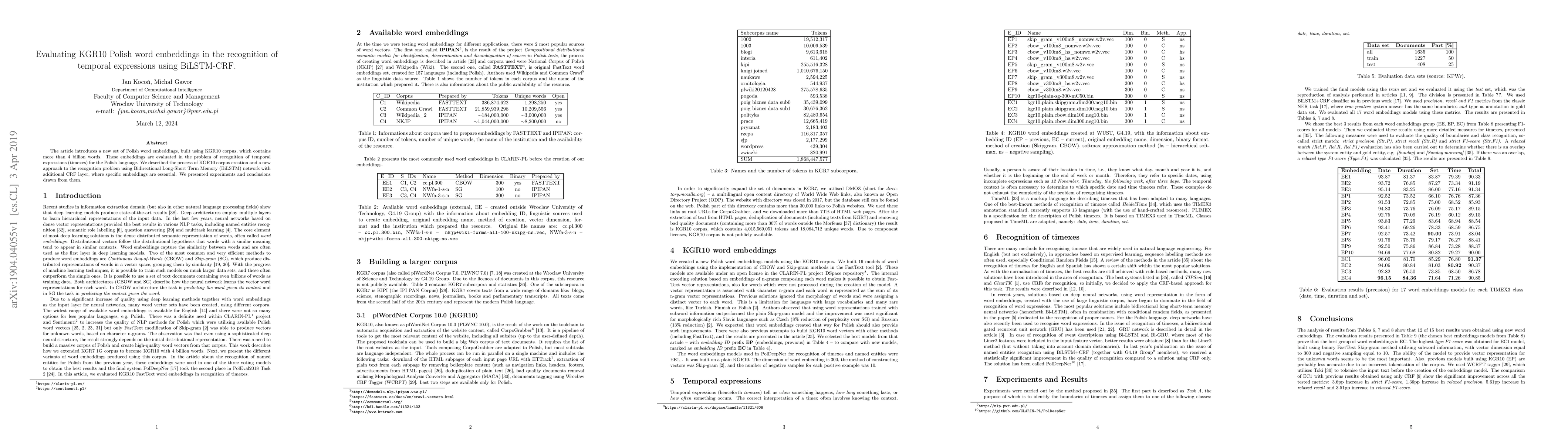Thumbnail for Evaluating KGR10 Polish word embeddings in the recognition of temporal
  expressions using BiLSTM-CRF