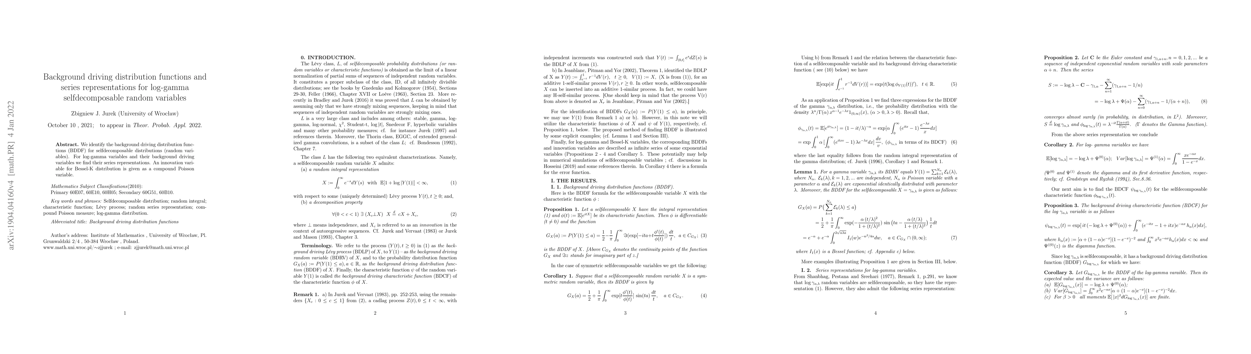 Thumbnail for Background driving distribution functions and series representation for
  log-gamma selfdecomposable random variables