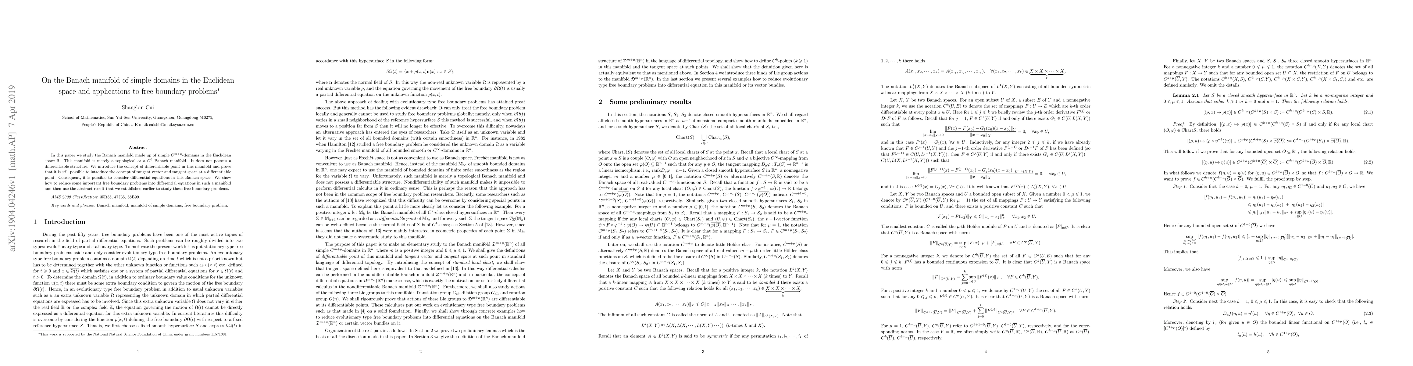 Thumbnail for On the Banach manifold of simple domains in the Euclidean space and
  applications to free boundary problems