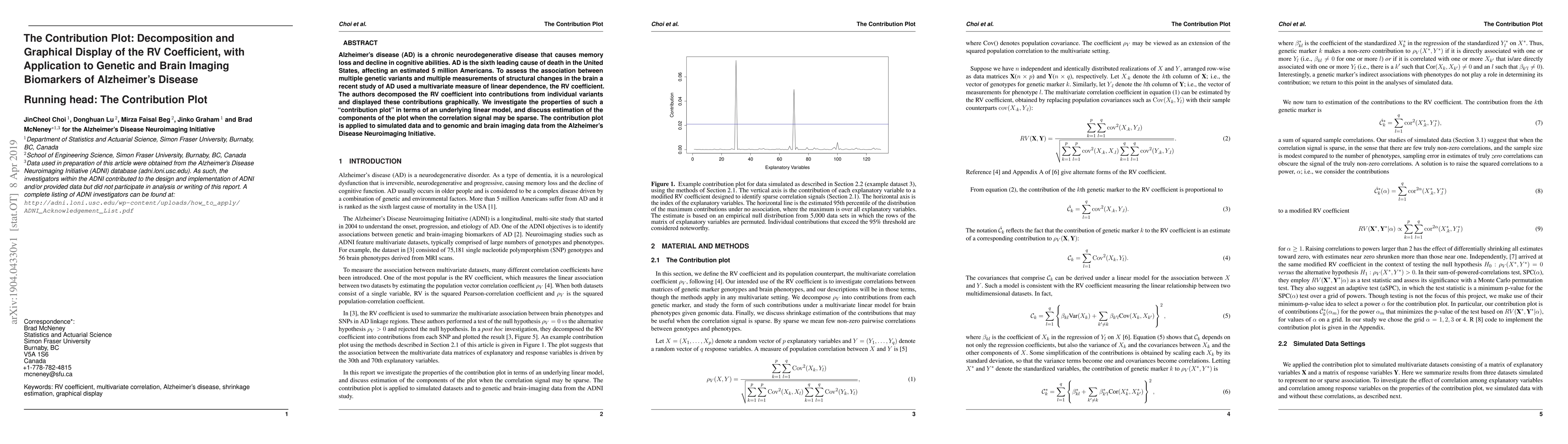 Thumbnail for The Contribution Plot: Decomposition and Graphical Display of the RV
  Coefficient, with Application to Genetic and Brain Imaging Biomarkers of
  Alzheimer's Disease