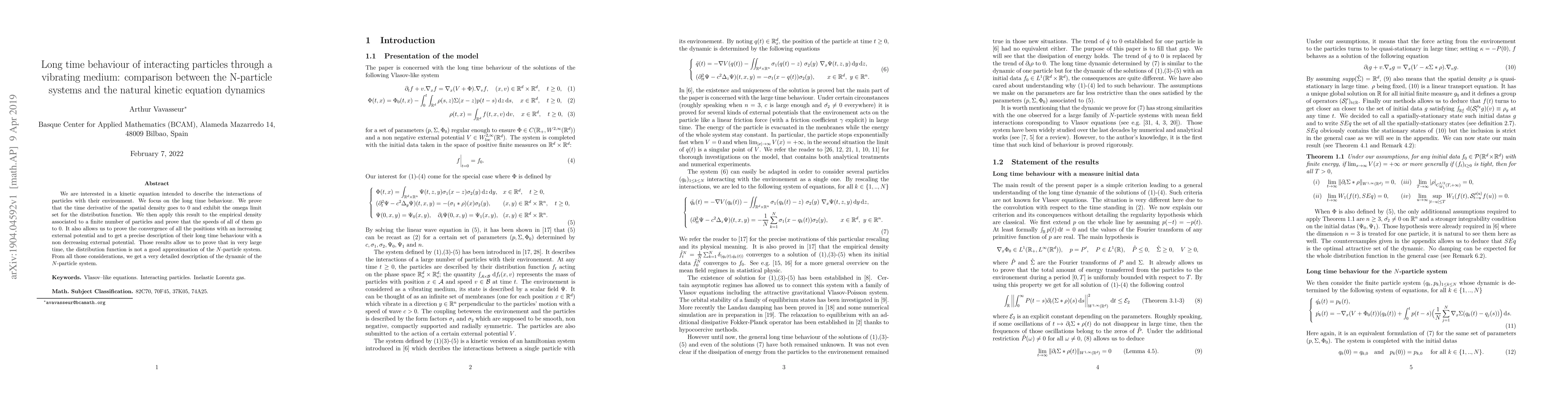 Thumbnail for Long time behaviour of interacting particles through a vibrating medium:
  comparison between the N-particle systems and the natural kinetic equation
  dynamics